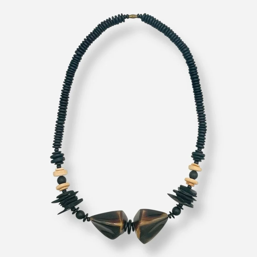 Vintage Chunky Carved Horn Beaded Statement‎ Necklace Gerda Inspired Artsy Boho